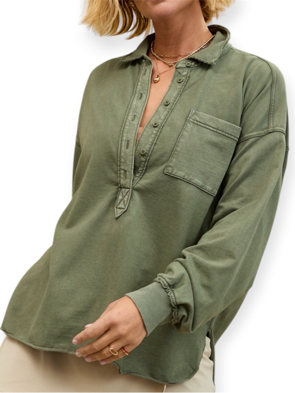 Aerie Take It Easy Popover Polo Sweatshirt Size XL Oversized Olive Green Henley